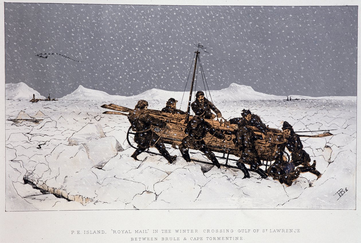Near the river, Gulf of St. Lawrence: boat on a sleigh, near Brule and Cape Tormentin - in “” Sketches of canadian sports and pastimes”” by Lieut. Henry Buckton Laurence بواسطة فنان غير معروف