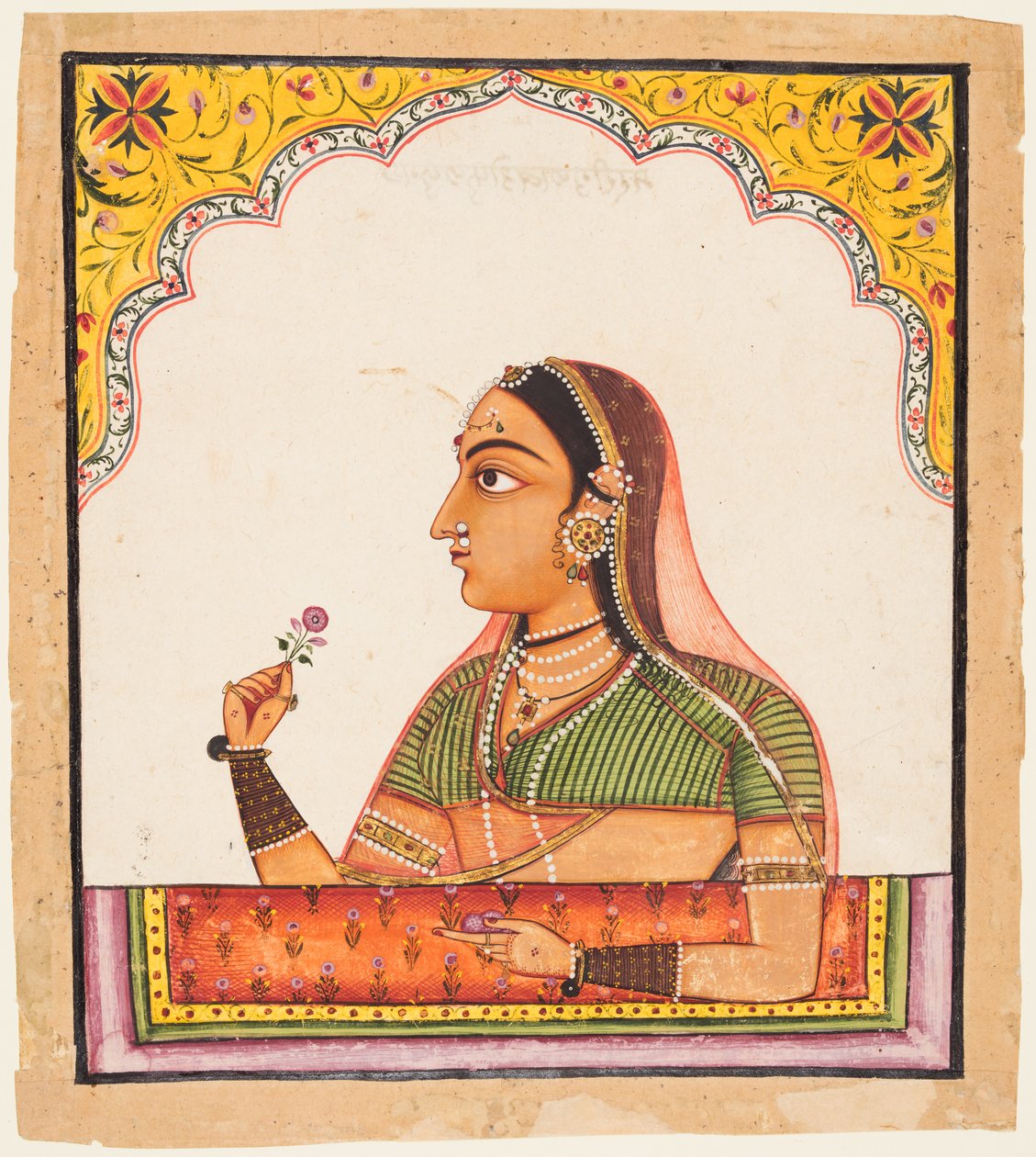 امرأة نبيلة في نافذة Jharokha تحمل وردة ، من سلسلة Portraits of Women بواسطة فنان غير معروف