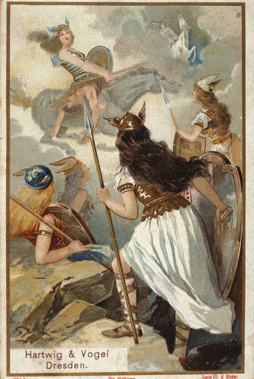 الأساطير الإسكندنافية: The Walkyries (محاربي العذارى) في Valholl (أو Walhalla ، Valhalla ، Valhalle: المكان الذي يتم فيه إحضار المحاربين الشجعان) وسقوط المحاربين في المعركة. الطباعة الحجرية الملونة من القرن التاسع عشر بواسطة فنان غير معروف