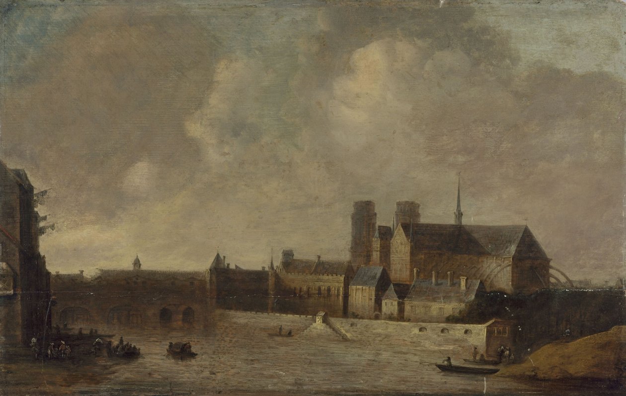 كاتدرائية نوتردام وقصر رئيس الأساقفة، من شارع كواي دو لا تورنيلي، حوالي عام 1640، الدائرة الرابعة الحالية، بين عامي 1635 و1645 (زيت على الخشب) بواسطة فنان غير معروف