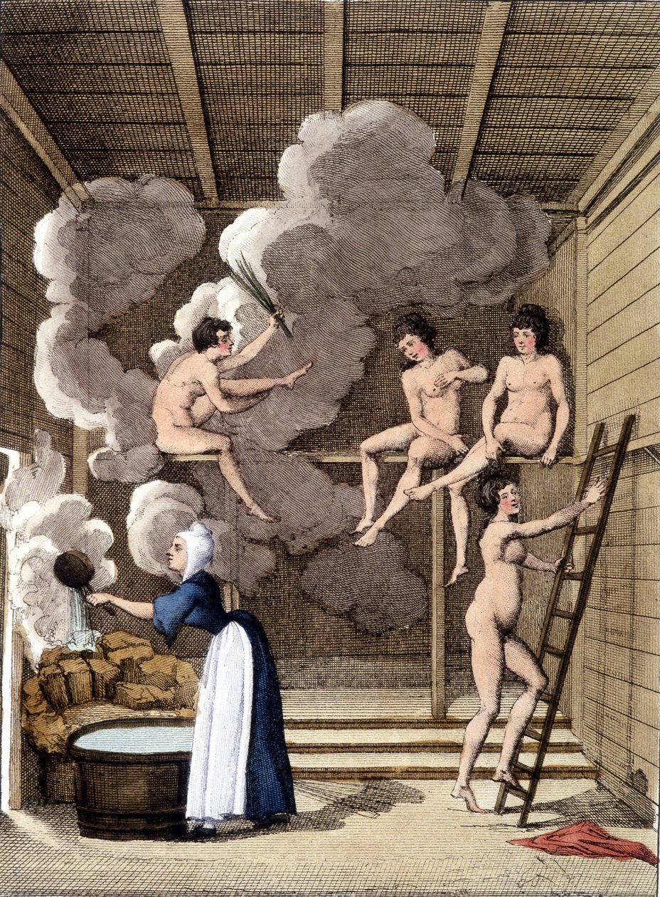 شخصيات عارية في حمام ساونا Filandan. يتضمن النقش من عام 1811 كتابًا عن الرحلة. بواسطة فنان غير معروف