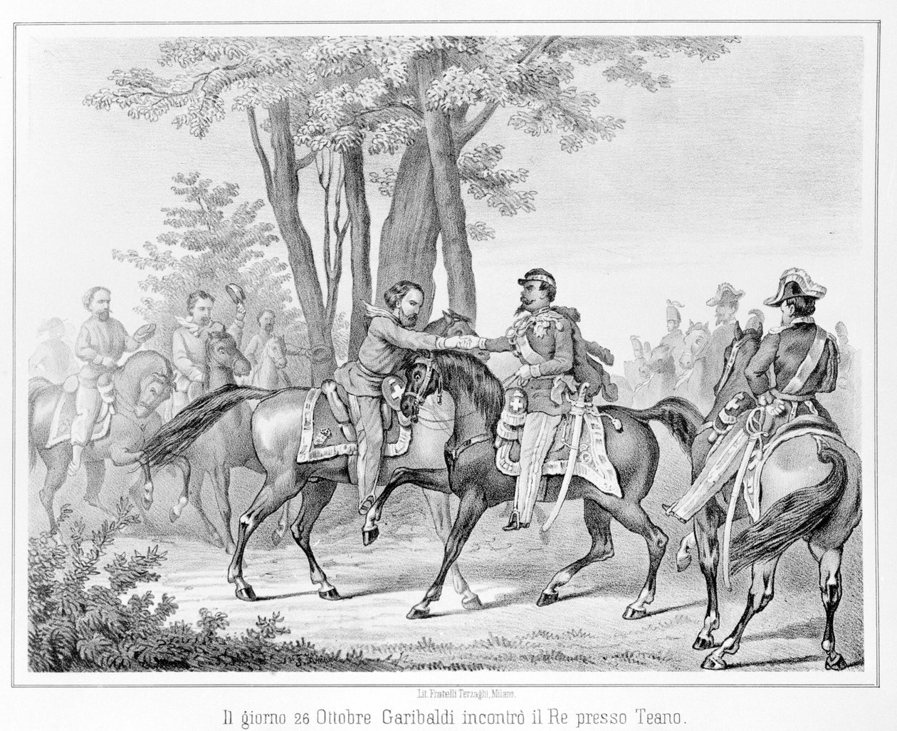 في 26 أكتوبر 1860 ، التقى جوزيبي غاريبالدي بالملك فيكتور عمانويل الثاني (فيكتور إيمانويل) (فيتوريو إيمانويل) بالقرب من تيانو. نقش القرن التاسع عشر. بواسطة فنان غير معروف