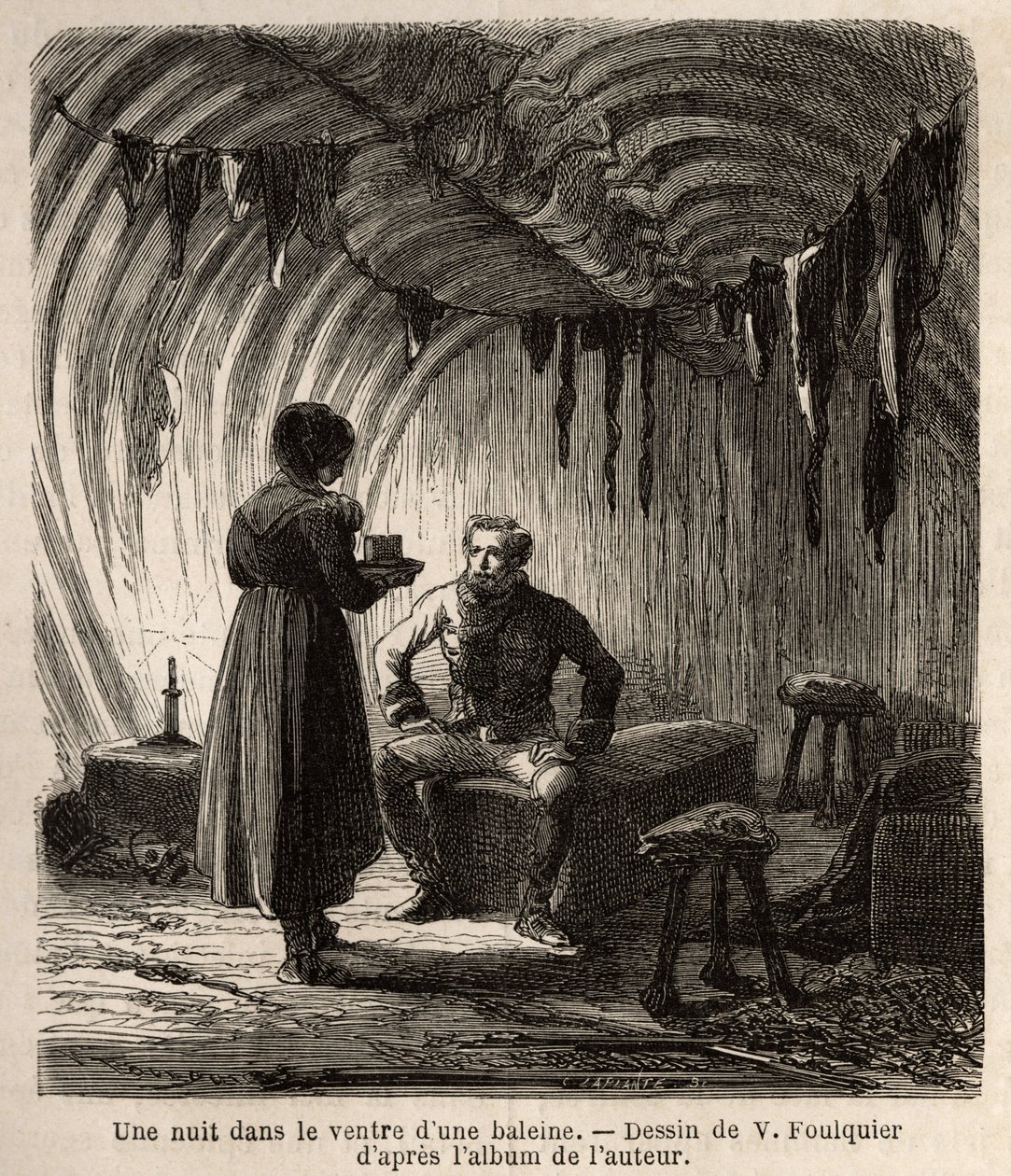 في إحدى الليالي في بطن الحوت ، يتم الترحيب بالمؤلف خلال رحلته في بوير ، منزل الصيادين ، الذي صنع هيكله وأثاثه من الهيكل العظمي للسيتيسي الضخم ومن جلود الأختام والخيول والكلاب. نقش لتوضيح الصوت بواسطة فنان غير معروف