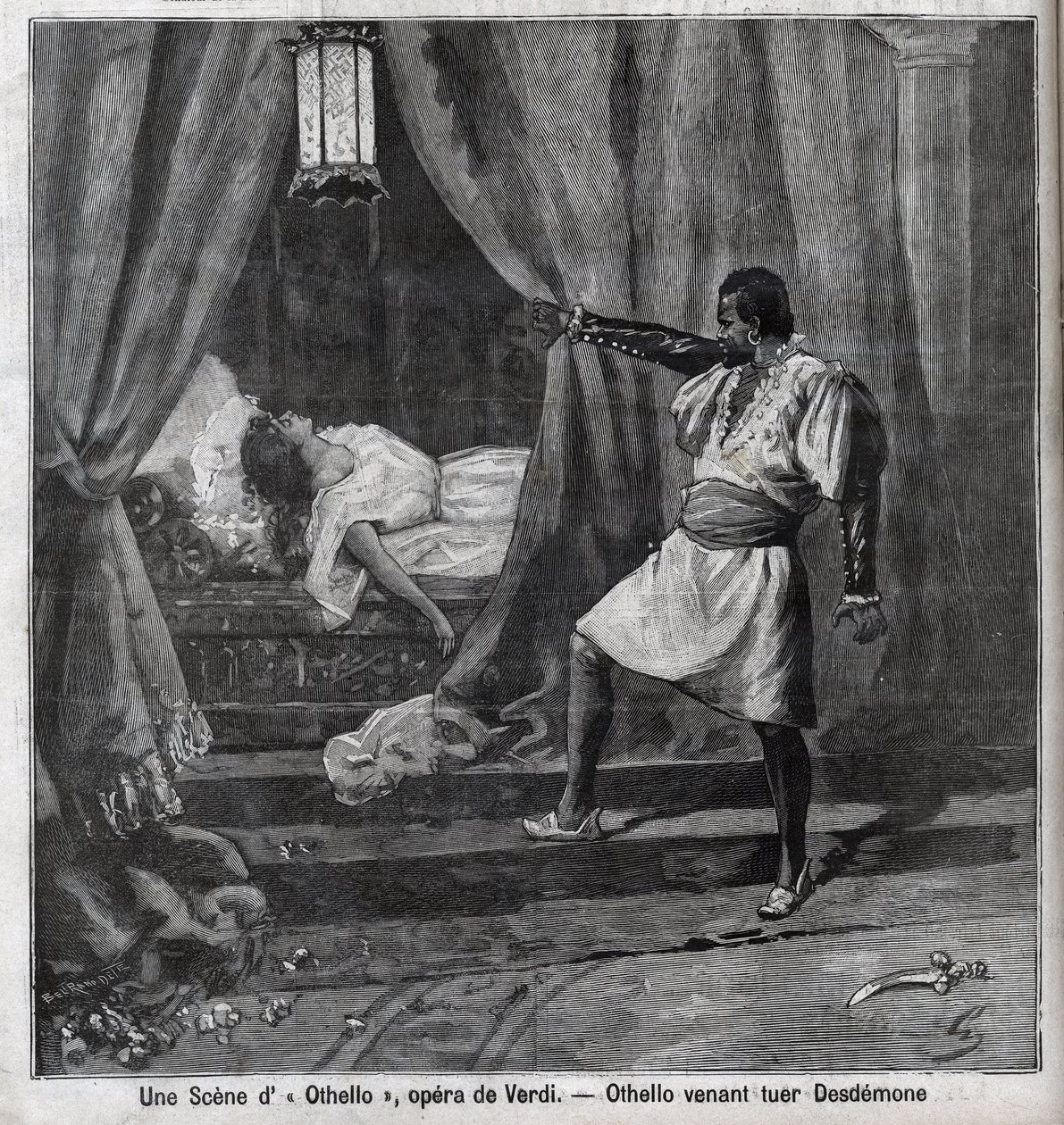 عطيل قتل للتو Desdemone في سريره. مشهد من الأوبرا "عطيل" لجوزيب فيردي (1813-1901) نقش في "" Le Parisien " بواسطة فنان غير معروف