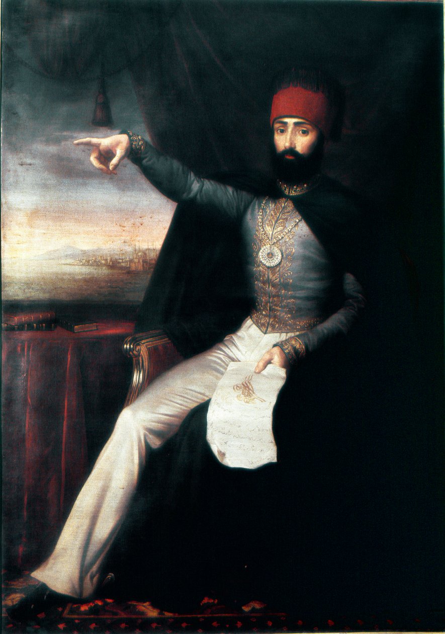 الإمبراطورية العثمانية: صورة للسلطان محمود الثاني (1784-1839) "" يشير الممثل بإصبعه قد يكون للإشارة إلى الأمر بذبح جماعة الإنكشارية. لوحة زيتية مجهولة. 1808-1839 اسطنبول ، متحف توبكابي سراي ، تركيا بواسطة فنان غير معروف