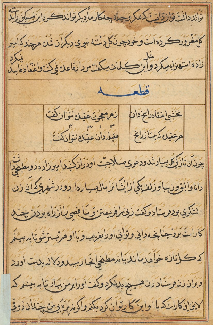صفحة من حكايات ببغاء (توتي-ناما): صفحة نصية بواسطة فنان غير معروف