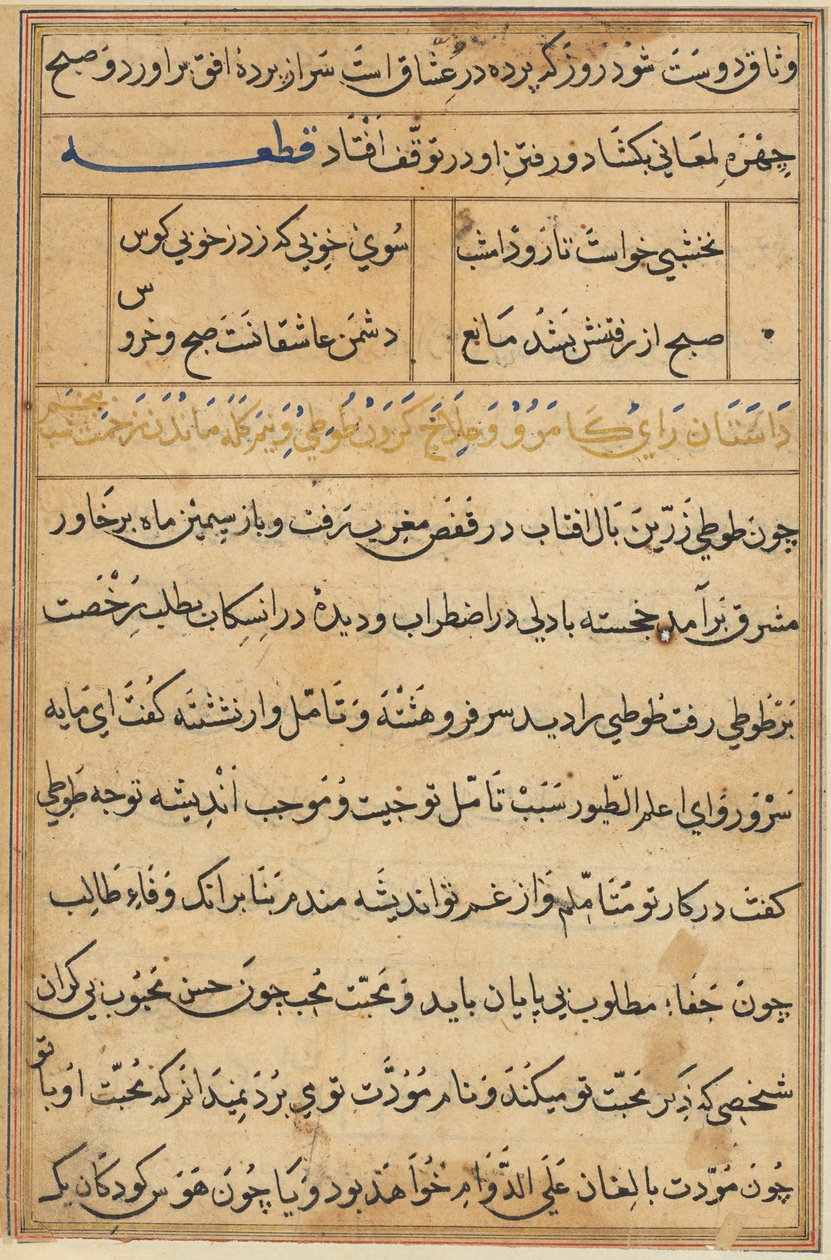 صفحة من حكايات ببغاء (توتي-ناما): صفحة نصية بواسطة فنان غير معروف