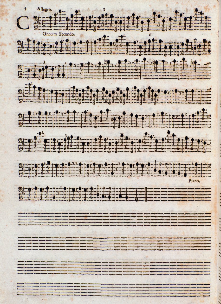 صفحة النوتة الموسيقية لـ "" Concerti a Five ، Op. 5 "" لتوماسو ألبينوني بواسطة فنان غير معروف