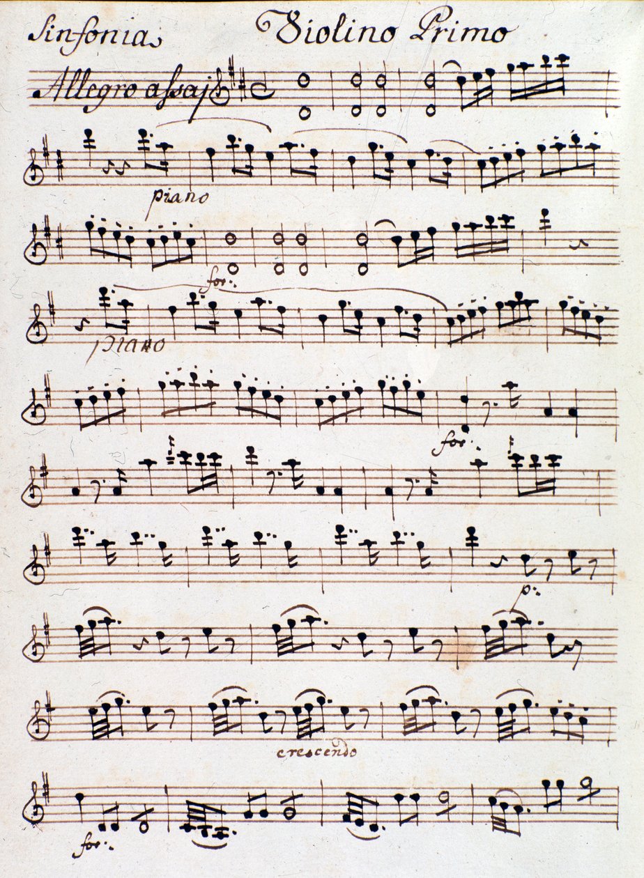 صفحة من ورقة الموسيقى للكمان الأول من Symphony n. 4 في D ، بواسطة موزارت (1765) بواسطة فنان غير معروف
