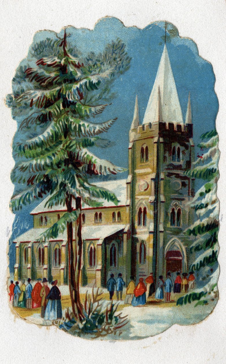 يذهب أبناء الرعية إلى الكنيسة لحضور قداس الأحد. الطباعة الحجرية الملونة حوالي عام 1890. بواسطة فنان غير معروف