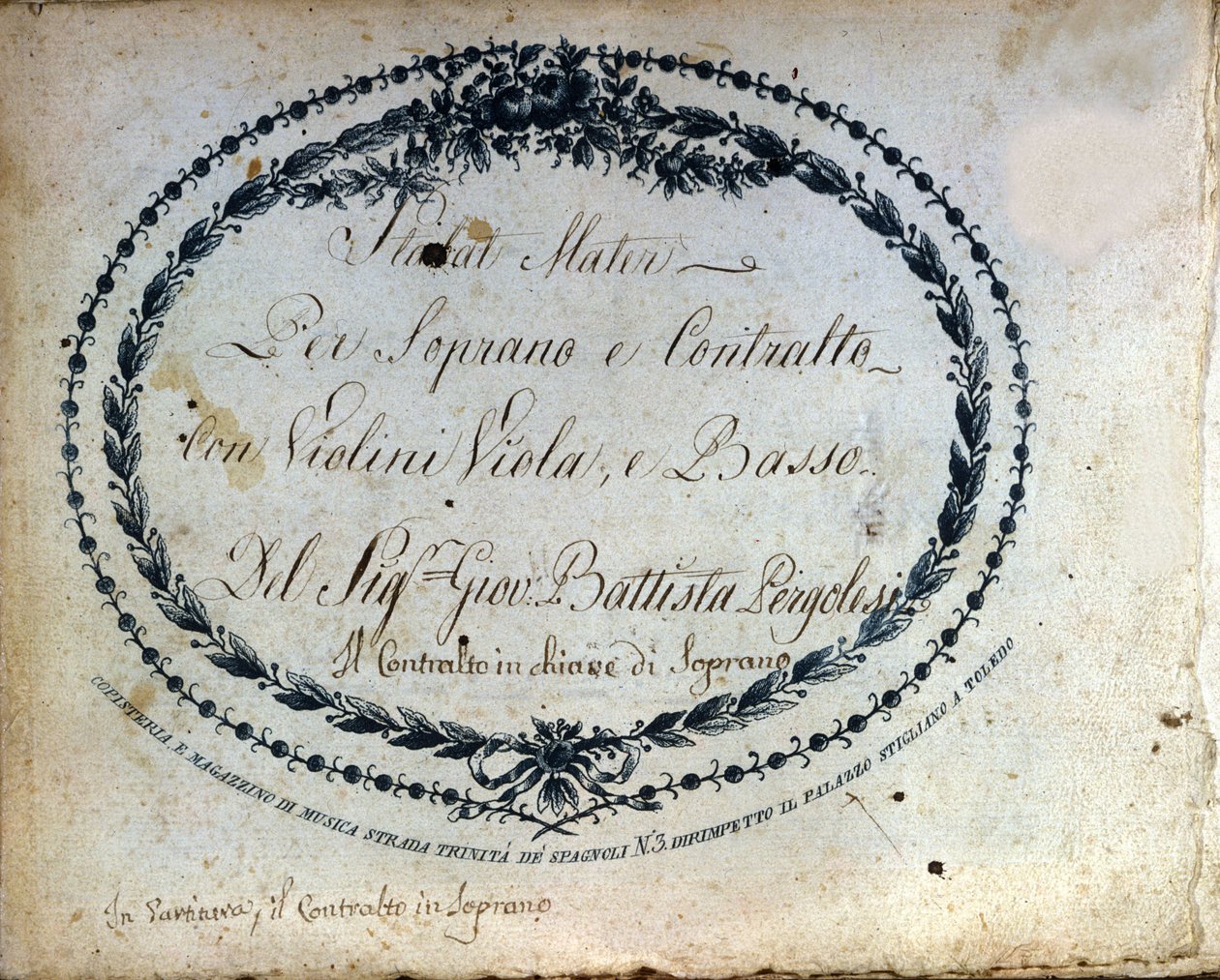 تقسيم "Stabat Mater" لجين بابتيست بيرغوليزي (جيوفاني باتيستا بيرغوليسي ، جان باتيست) 1710-1736. "" Stabat Mater للسوبرانو وألتو مع الكمان والفيولا والباس. " بواسطة فنان غير معروف