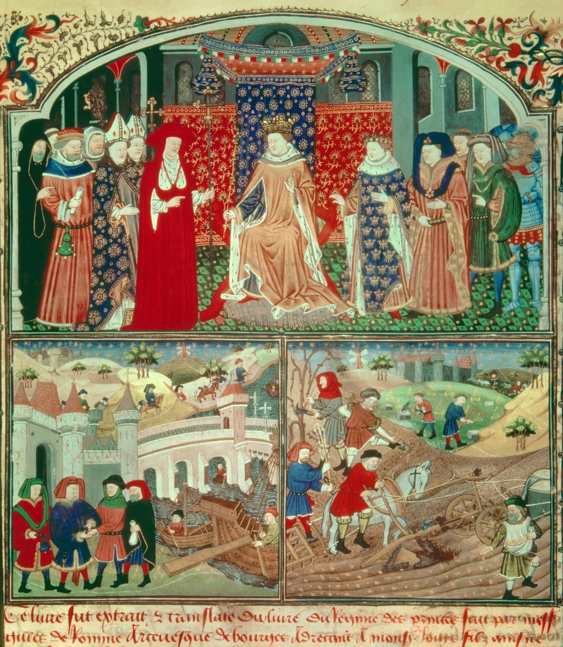 فيليب بيل ترونانت (1268-1314) مع مشهد الحرث والمشهد التجاري. صورة مصغرة في "" Livre du régime des princes "" بقلم جيل دو روما (v.1247-1316) ، Paris ، B N بواسطة فنان غير معروف