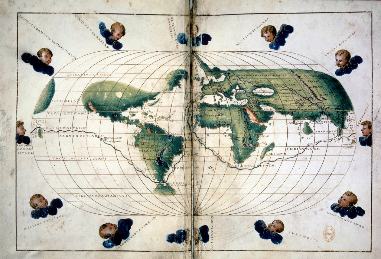 Planisphere (أو خريطة العالم). مخطط جغرافي من أطلس باتيستا أغنيسي (1500-1564) ، حوالي 1543. باريس ، بيلاروسيا بواسطة فنان غير معروف