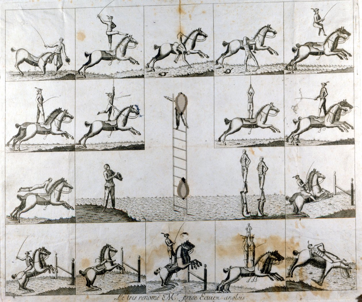 لوحة من 19 مطبوعة تصور براعة فولتيجر السيد برايس الإنجليزي. 1790 تقريبًا بواسطة فنان غير معروف