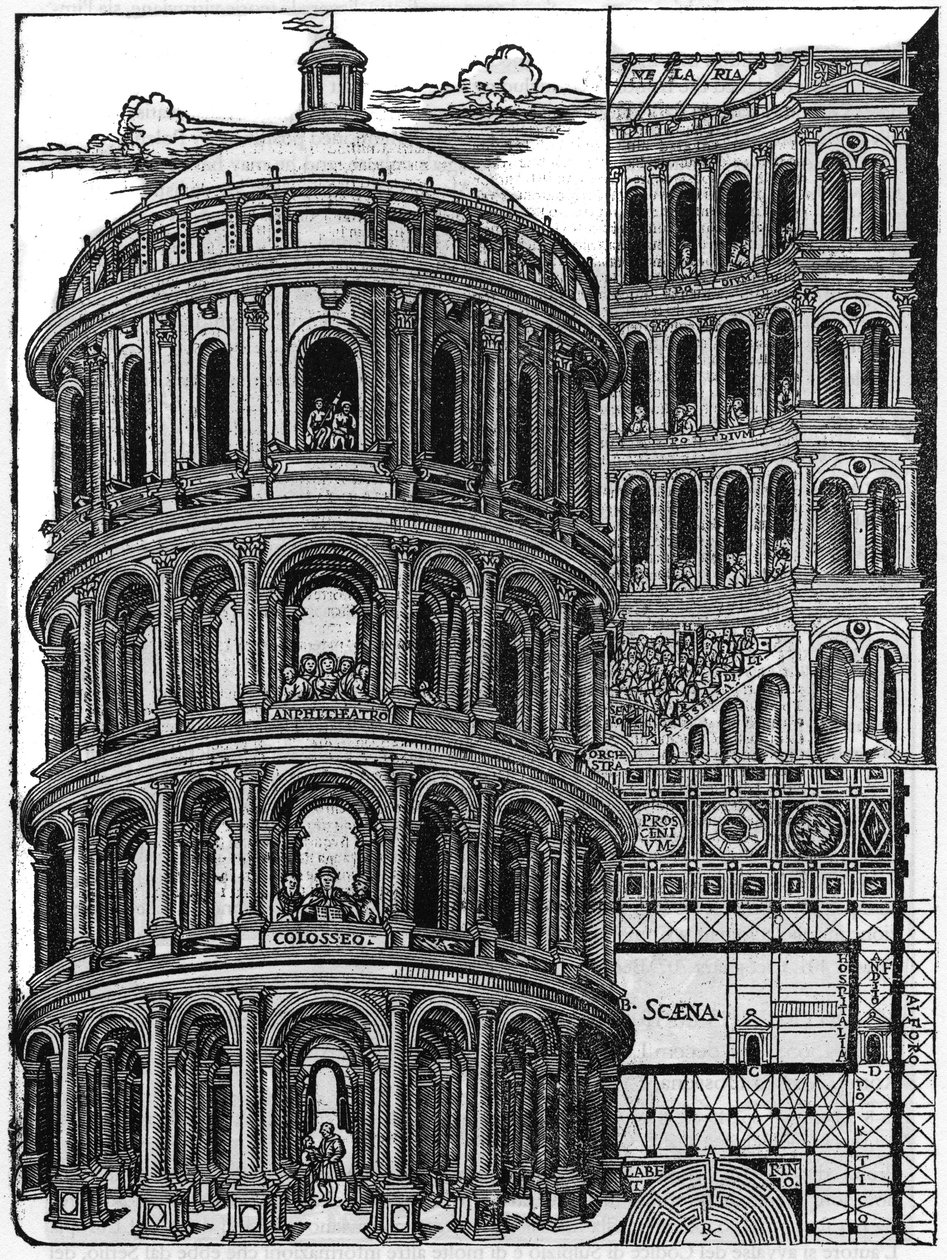 لوحة مأخوذة من كتاب "De architecture" ، تتناول الهندسة المعمارية للمهندس المعماري الروماني Marcus Vitrubius Pollio dit Vitruvio (القرن الأول قبل الميلاد). الطبعة الإيطالية من Gianbaptista Caporali di Perugia 1536. بواسطة فنان غير معروف