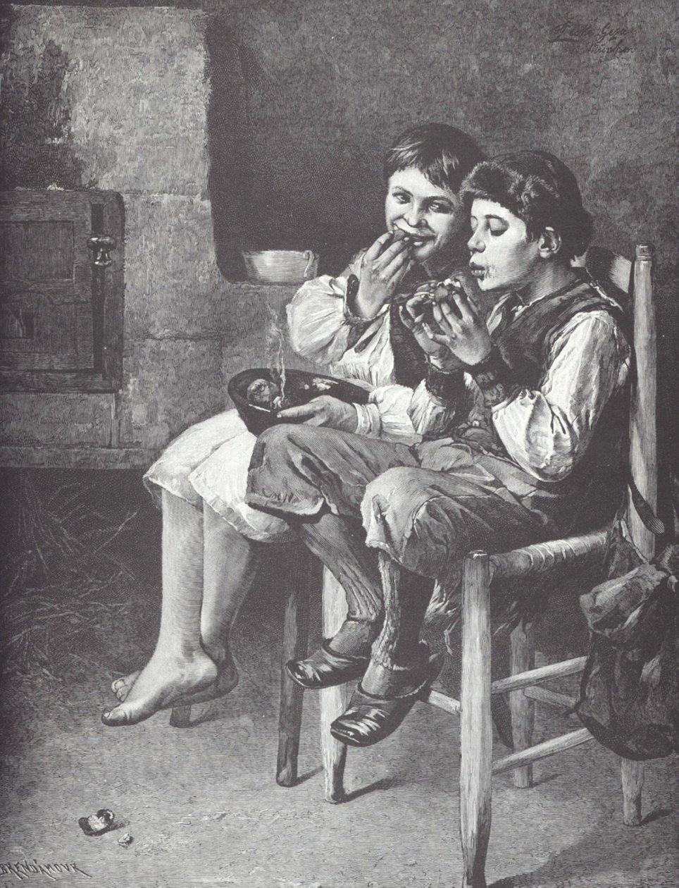 Poor boys eating, late 19th century (wood engraving) بواسطة فنان غير معروف