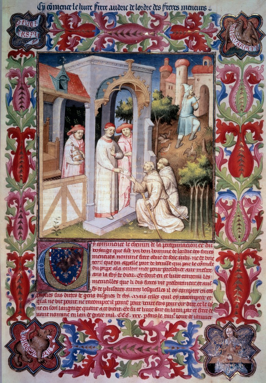 Pope John XXII entrusts Odoric of Pordenone (Franciscan) with the mission of evangelizing Overseas Sea. Men leading partridges to Trabzon. Weapons and emblem of Jean Without Fears. Jean de Berry