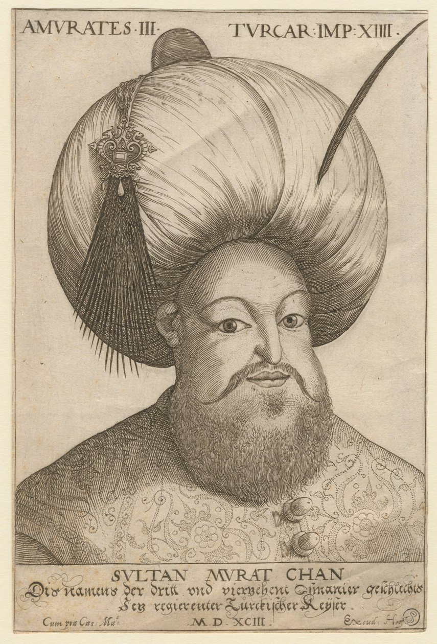 بورتريه مراد الثالث (1546-1595) ، السلطان العثماني - مراد الثالث (1546-1595) ، سلطان الدولة العثمانية - مجهول - 1593 - حفر - 18.5x12.3 - مجموعة خاصة بواسطة فنان غير معروف