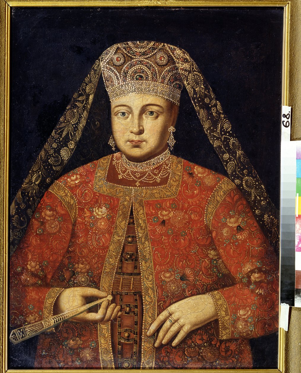 Portrait de la tsarine Marfa Matveyevna (1664-1715) (صورة تسارينا Marfa Matveyevna). Peinture anonyme ، 79 × 60 سم ، لاول مرة 18e siecle. متحف إم توغانوف للفنون في أوسيتيا الشمالية ، فلاديكافكاس (روسيا). بواسطة فنان غير معروف