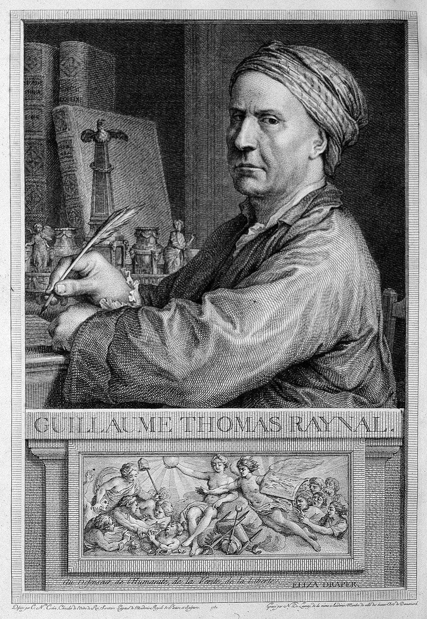 Portrait en frontispiece de Raynal - في "" التاريخ الفلسفي والسياسي للمستوطنات الأوروبية والتجارة في جزر الهند "بقلم غيوم توماس راينال. بواسطة فنان غير معروف