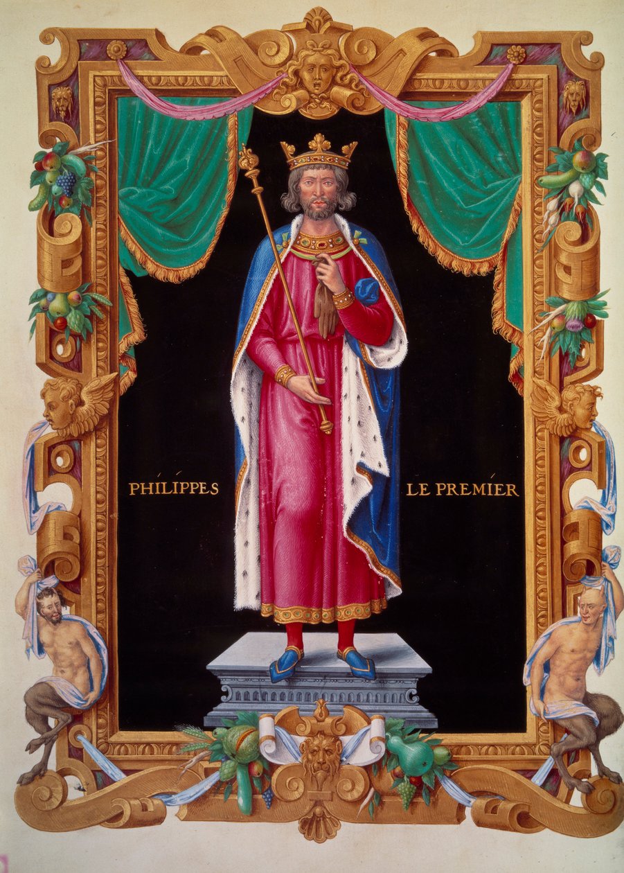 Portrait in foot of the King of France Philip I (1052-1108). Miniature in “” Recueil des rois de france”” by Jean du Tillet بواسطة فنان غير معروف