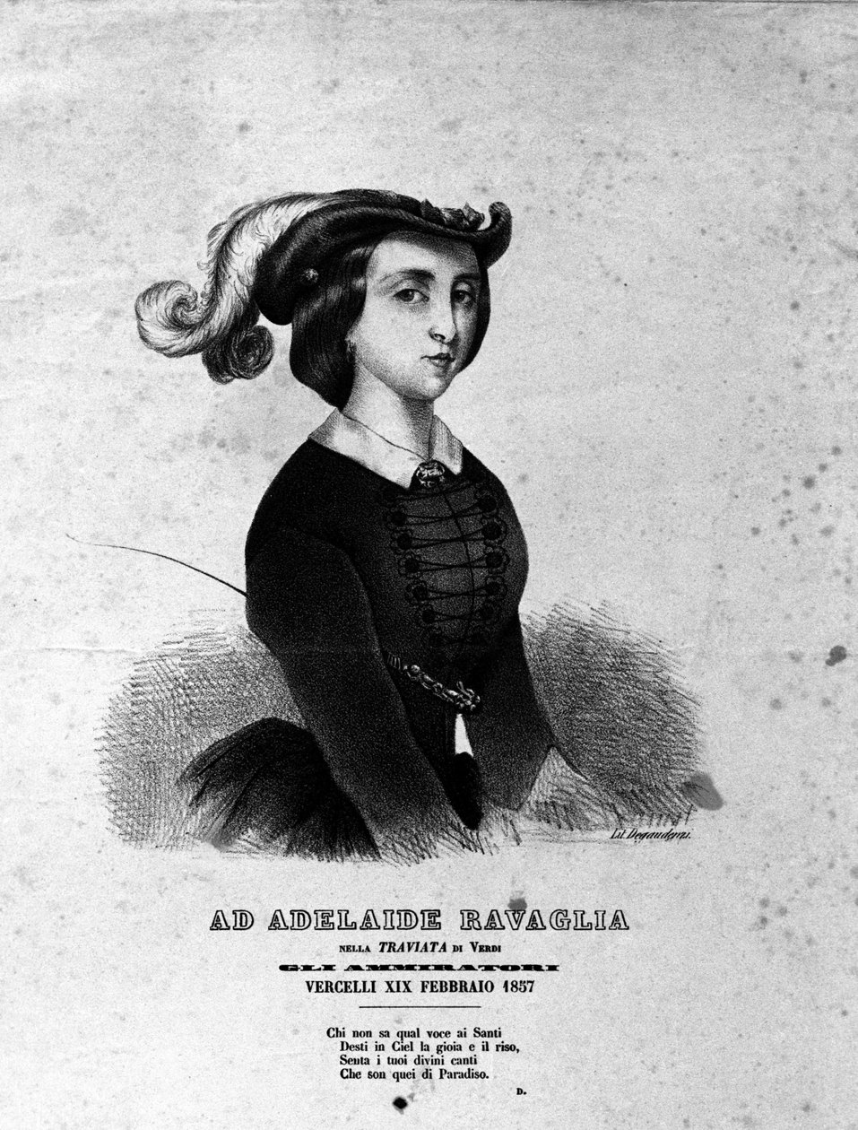 صورة لأديلايد رافاغليا في تمثيل أوبرا "لا ترافياتا" لجوزيبي فيردي عام 1857. بواسطة فنان غير معروف