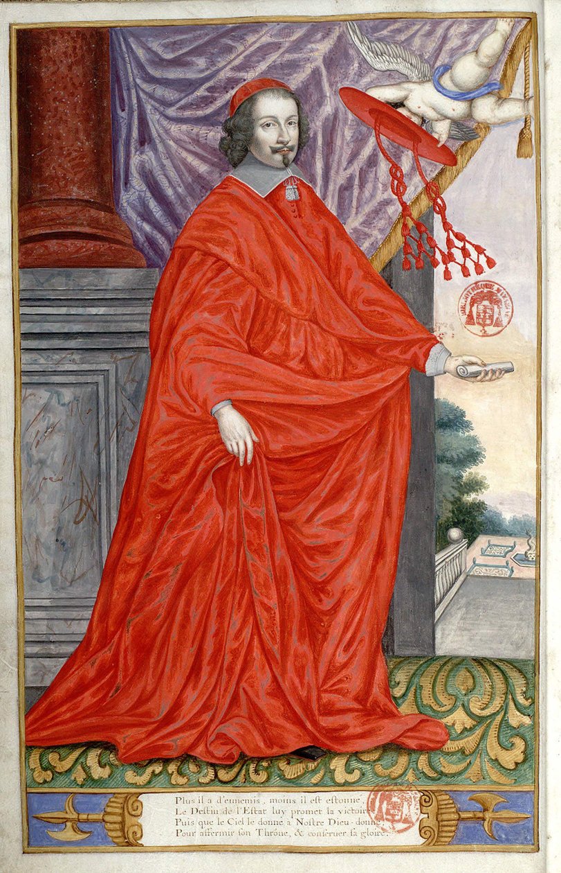 صورة للكاردينال جول مازارين (جوليو رايموندو مازارينو أو مازارينو) (1602-1661). صورة مرسومة على ورق في جان بوجيه دي لا سير ، Panegyric لرجال عصرنا اللامعين. 1655 بواسطة فنان غير معروف