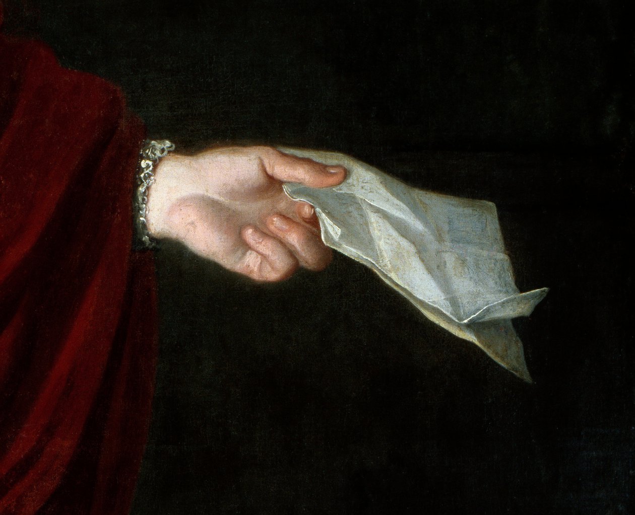 صورة للكاردينال دي كامبوت دو كوزلين (1636-1706) إيفيك دورلينز ، بريور لونغبونت. تفاصيل الخطاب المطوي الذي يحمله بيده (صفحة فارغة). لوحة مجهولة من القرن السابع عشر. زيت على قماش. ذكر إلزامي: Sully sur Loire، Chate بواسطة فنان غير معروف