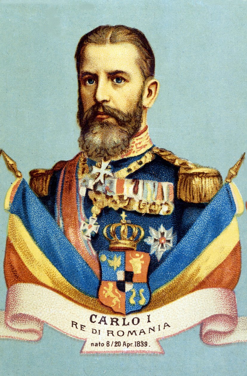 صورة لتشارلز الأول (كارول الأول) (1839-1914) ، ملك رومانيا. الطباعة الحجرية الملونة في القرن التاسع عشر بواسطة فنان غير معروف