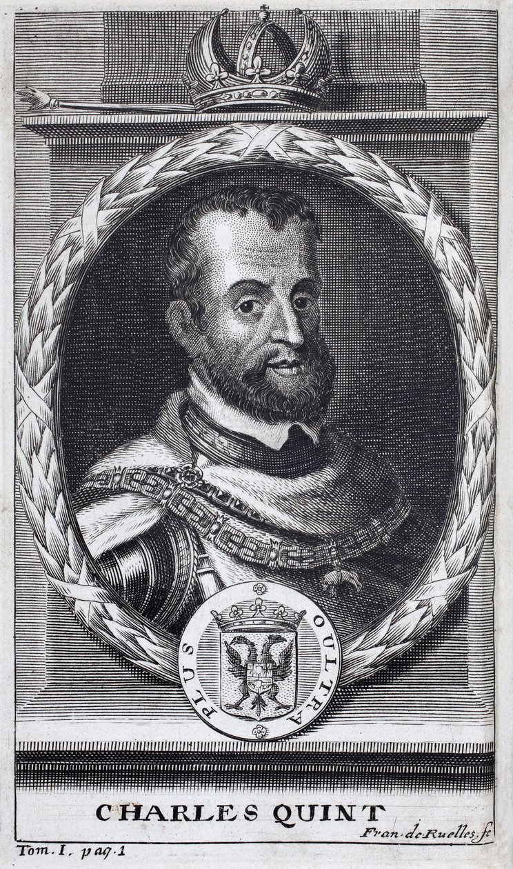 صورة تشارلز الخامس (1500-1558) ، ملك إسبانيا وأمريكا الإسبانية ، ملك صقلية وإمبراطور الإمبراطورية الرومانية المقدسة جرمانيك (1519-1556). نقش لتوضيح "تاريخ حرب فلاندرز" ، بقلم فلاميانوس سترادا ، طبعة جوزيف تي سيرستيفنز بواسطة فنان غير معروف