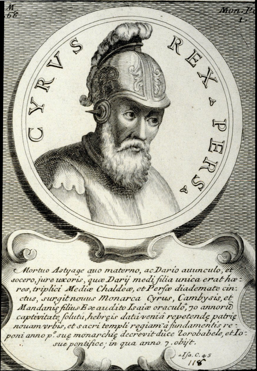 Portrait of Cyrus II (ca. 559-529 BC) called Cyrus the Great, founder of the Persian Empire. Engraving of the 18th century Private Collection بواسطة فنان غير معروف
