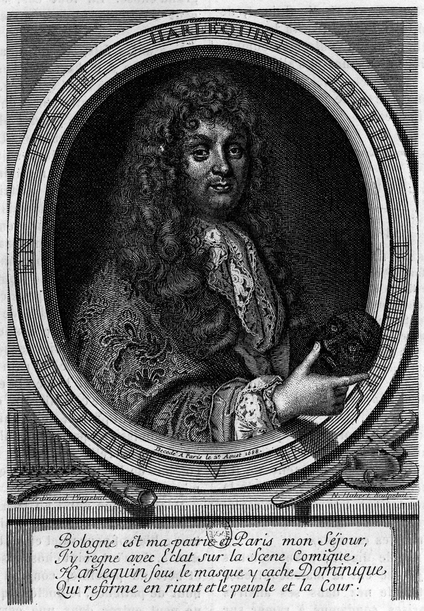 صورة لدومينيك (دومينيكو جوزيبي) ممثل بيانكوليلي (1640-1688) ، ابتكر شخصية هارليكوين (أرليشينو) التي قام بها. كان جزءًا من الفرقة التي أحضرها مازارين إلى باريس عام 1660 إلى الكوميديا الإيطالية. بواسطة فنان غير معروف