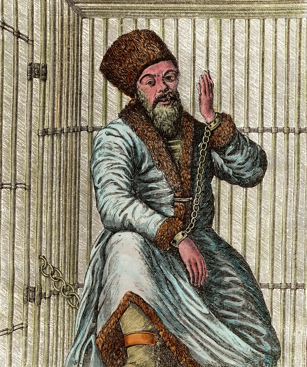 صورة إميليان إيفانوفيتش بوجاتشيف (يميليان أو إميليان بوغاتشيف) (1742-1775) ، زعيم القوزاق أثناء حرب الفلاحين الروس من 1773-1775 (جاكوي من ييك القوزاق) ، مسجونًا في قفصه ويظهر الناس بواسطة فنان غير معروف