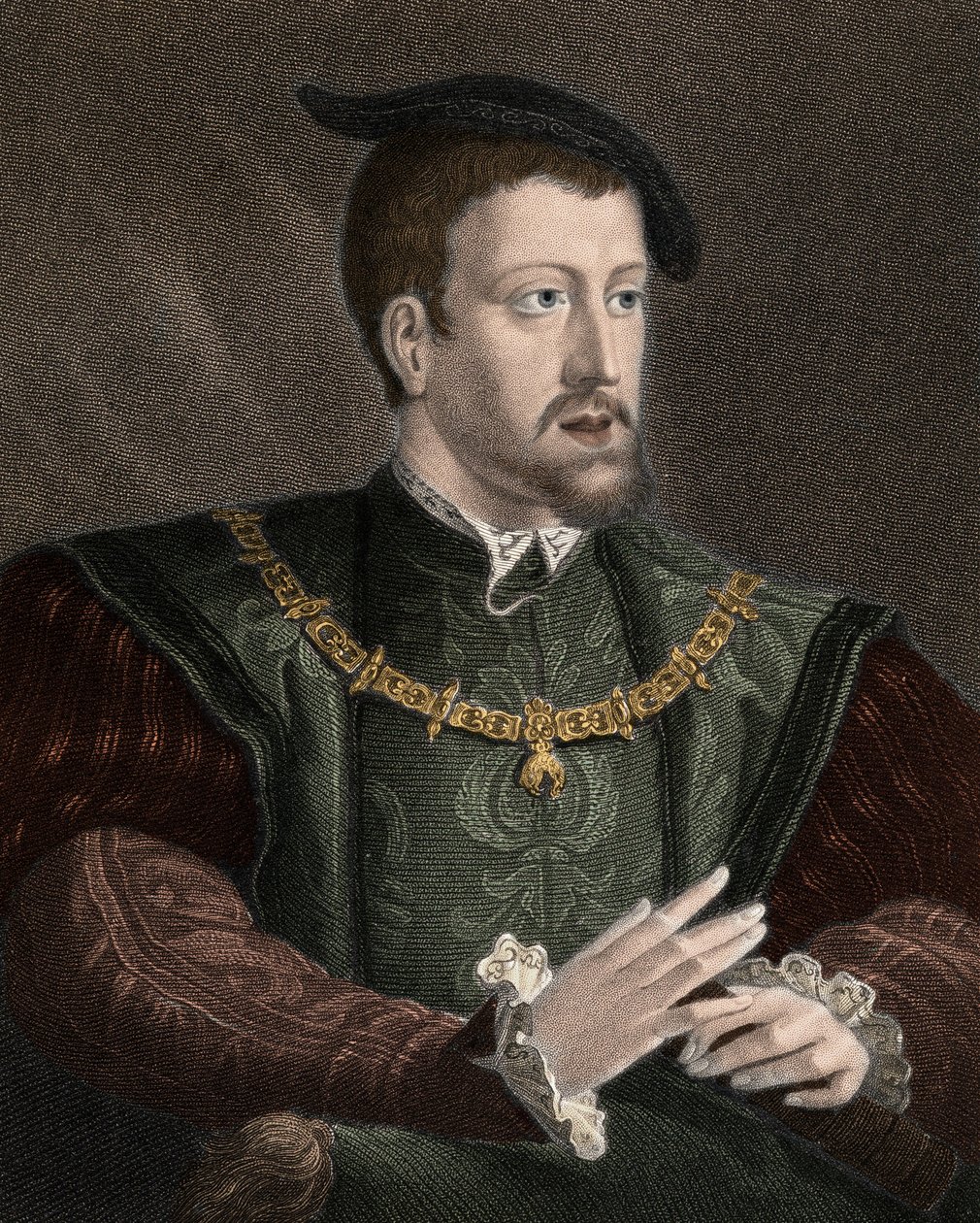 صورة للإمبراطور تشارلز الخامس (1500-1558) مع عقد وسام الصوف الذهبي - تشارلز الخامس (1500-1558) مرتديًا سلسلة وسام الصوف الذهبي حول رقبته - نقش - القرن التاسع عشر بواسطة فنان غير معروف