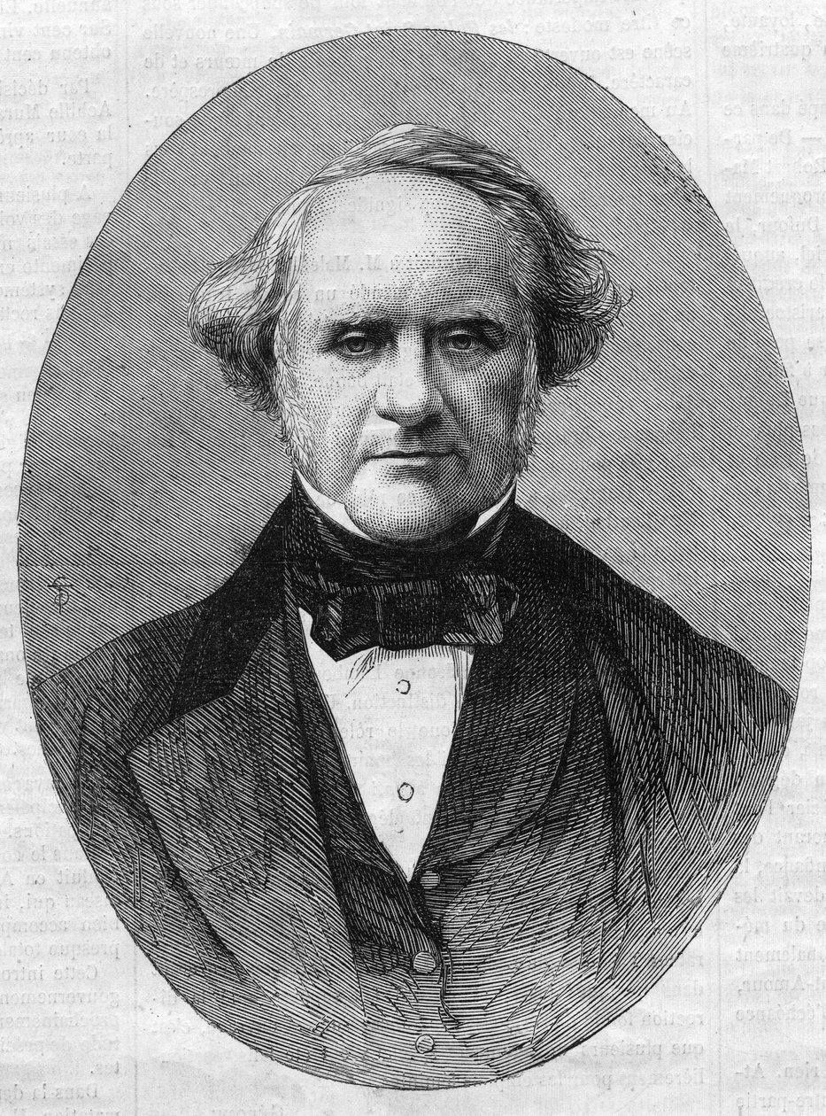 صورة لجورج بيبودي (1795-1869) رجل أعمال ومحسن مؤسس معهد بيبودي كونسرفتوار جامعة جونز هوبكنز في ماريلاند بالولايات المتحدة. نقش في "" الكون اللامع "" بواسطة فنان غير معروف