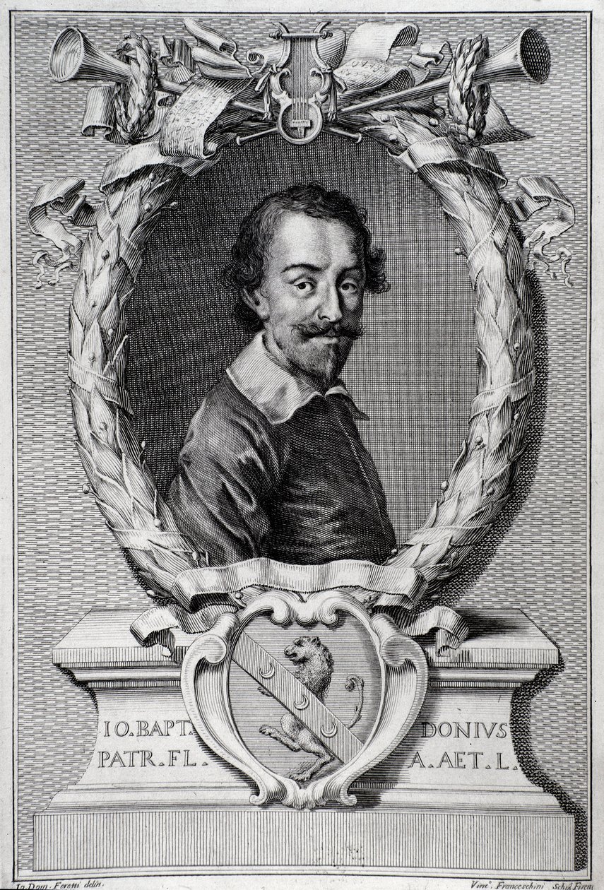صورة لجيوفاني باتيستا دوني (1596-1647) عالم الموسيقى الإيطالي نقش من مقدمة الكتاب "ليرا باربيرين" بواسطة فنان غير معروف