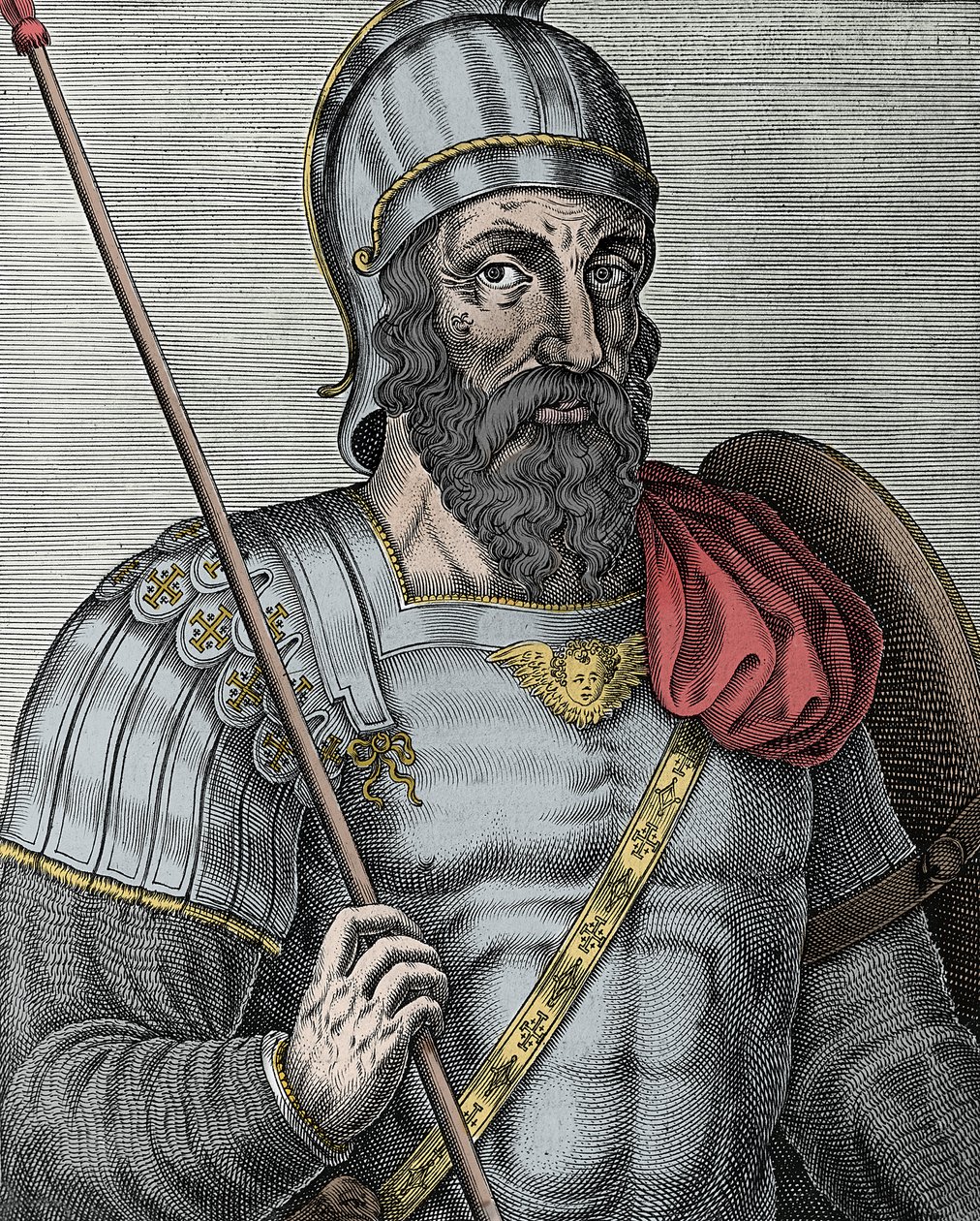 صورة لجودفري دي بوالون (Godefroy de Bouillon) (1040 / 61-1100) ، فارس الفرنجة ، أحد قادة الحملة الصليبية الأولى - نقش القرن السادس عشر بواسطة فنان غير معروف