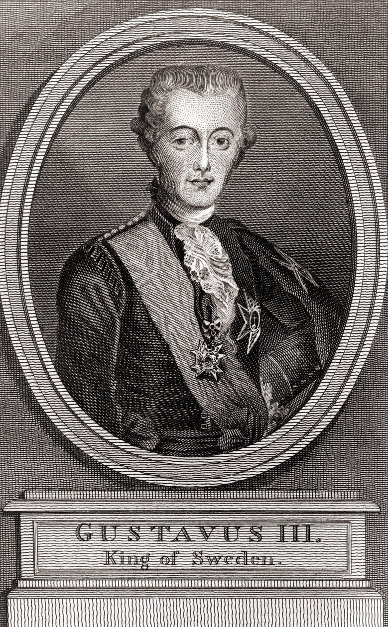 صورة شخصية لغوستاف الثالث (1746-1792) ، ملك السويد من 1771 إلى 1792 نقشًا من 1787 "" مجموعة لجنود العام الماضي "" بواسطة فنان غير معروف