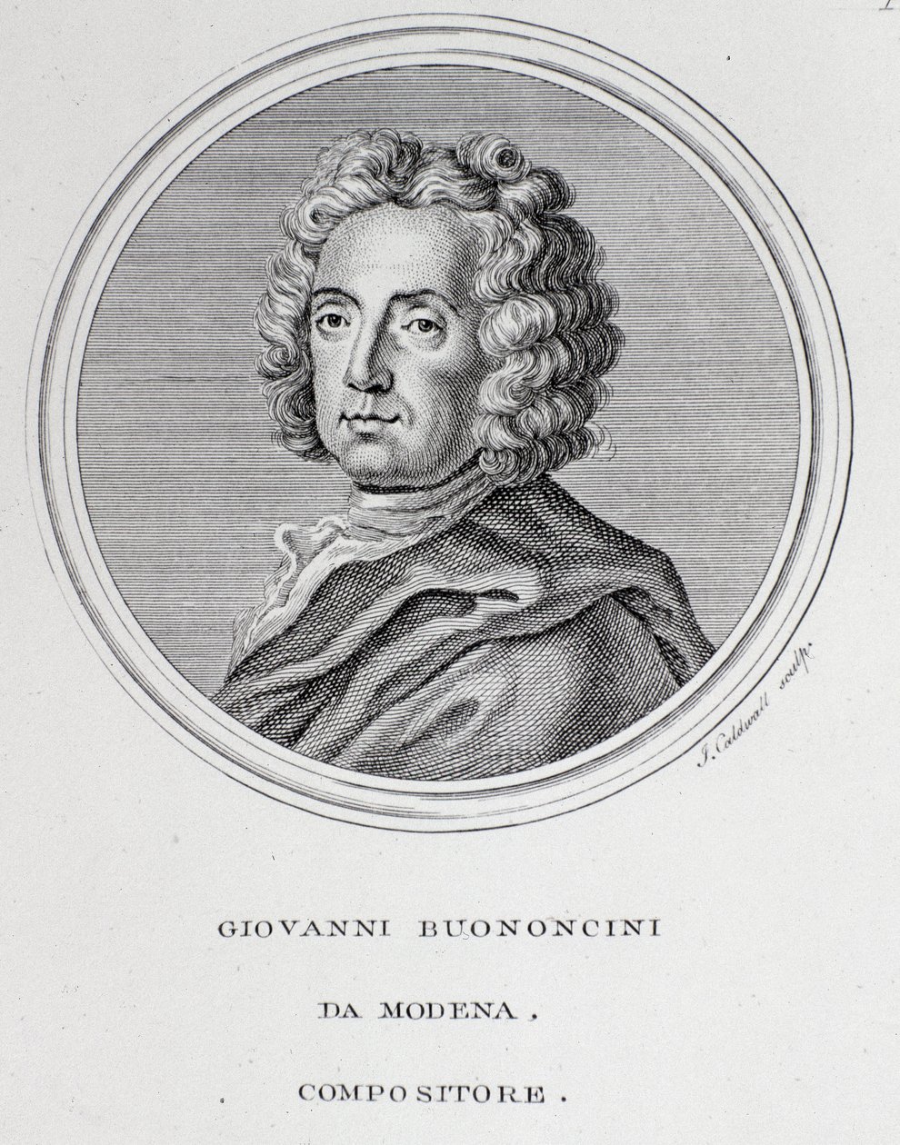 صورة للمؤلف الموسيقي الإيطالي وعازف التشيلو جيوفاني باتيستا بونونسيني (1670-1747) نقش. القرن ال 18. بولونيا ، متحف ببليوغرافي مدني بواسطة فنان غير معروف