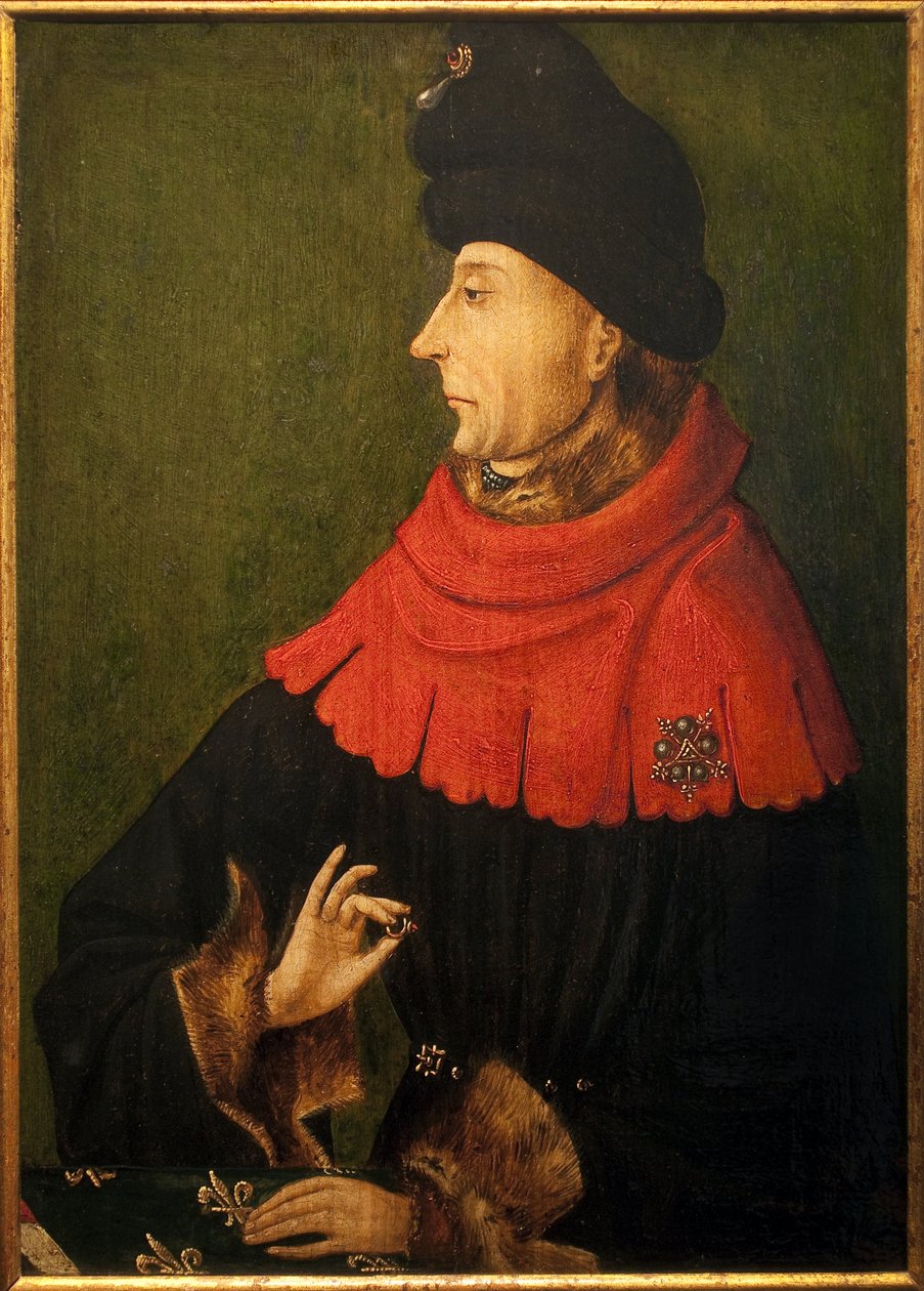صورة لجان سان بور ، دوق بورغندي (1371-1419). الخاتم الذي يحمله في يده هو ياقوت بورغوندي الذي اشتراه فيليب هاردي عام 1397 ، والذي تم حفظه في دير القديس بينيني في ديجون وسلمه الأب إلى كل دوق جديد. بواسطة فنان غير معروف