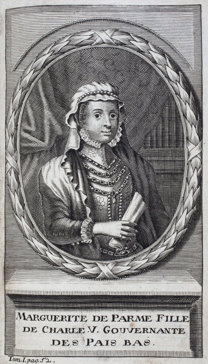 صورة لمارغريتا من بارما (أو مارغريتا النمسا) (1522-1586) ، دوقة بارما وبياتشينزا ، الابنة الطبيعية لتشارلز الخامس (1500-1558) ومربية هولندا (هولندا) من 1559-1581. نقش لتوضيح "تاريخ حرب فلوريدا بواسطة فنان غير معروف