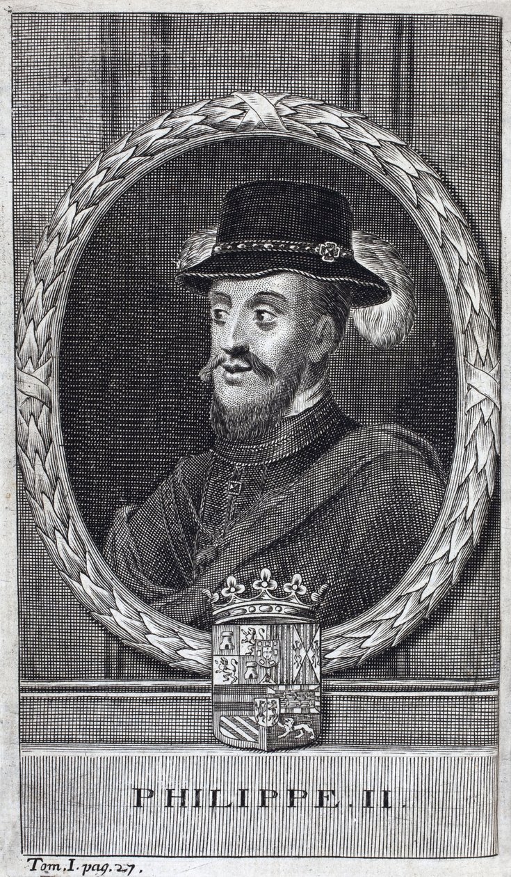 صورة فيليب الثاني ملك إسبانيا (فيليب) (1527-1598) ، ملك إسبانيا والبرتغال. نقش لتوضيح "تاريخ حرب فلاندرز" ، بقلم فلاميانوس سترادا ، طبعة جوزيف تي سيرستيفنز بواسطة فنان غير معروف