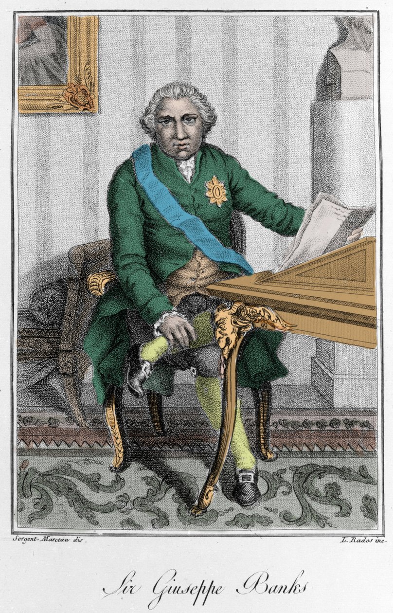 صورة للسير جوزيف بانكس (1743-1820) ، مستكشف إنجليزي وعالم طبيعة. نقش اللون بواسطة فنان غير معروف