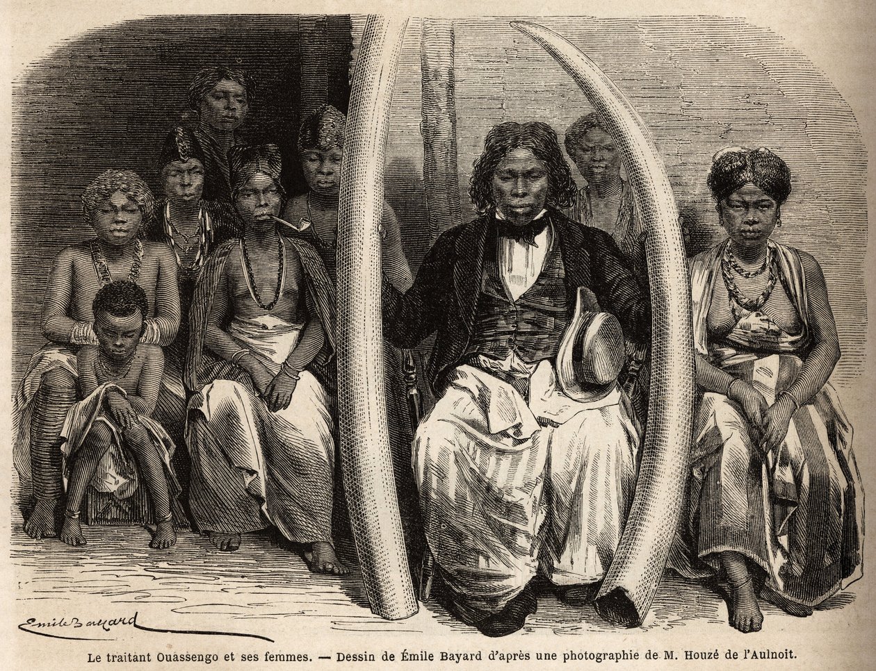صورة لرجل عاجي أفريقي تحيط بزوجاته. رسم بواسطة إميل بايارد (1837-1891) ، لتوضيح رحلة الدكتور غريفون دو بيلاي إلى الغابون ، في 1861-1864. نقش في "" Le Tour du monde "، تحرير إدوارد شارتون بواسطة فنان غير معروف