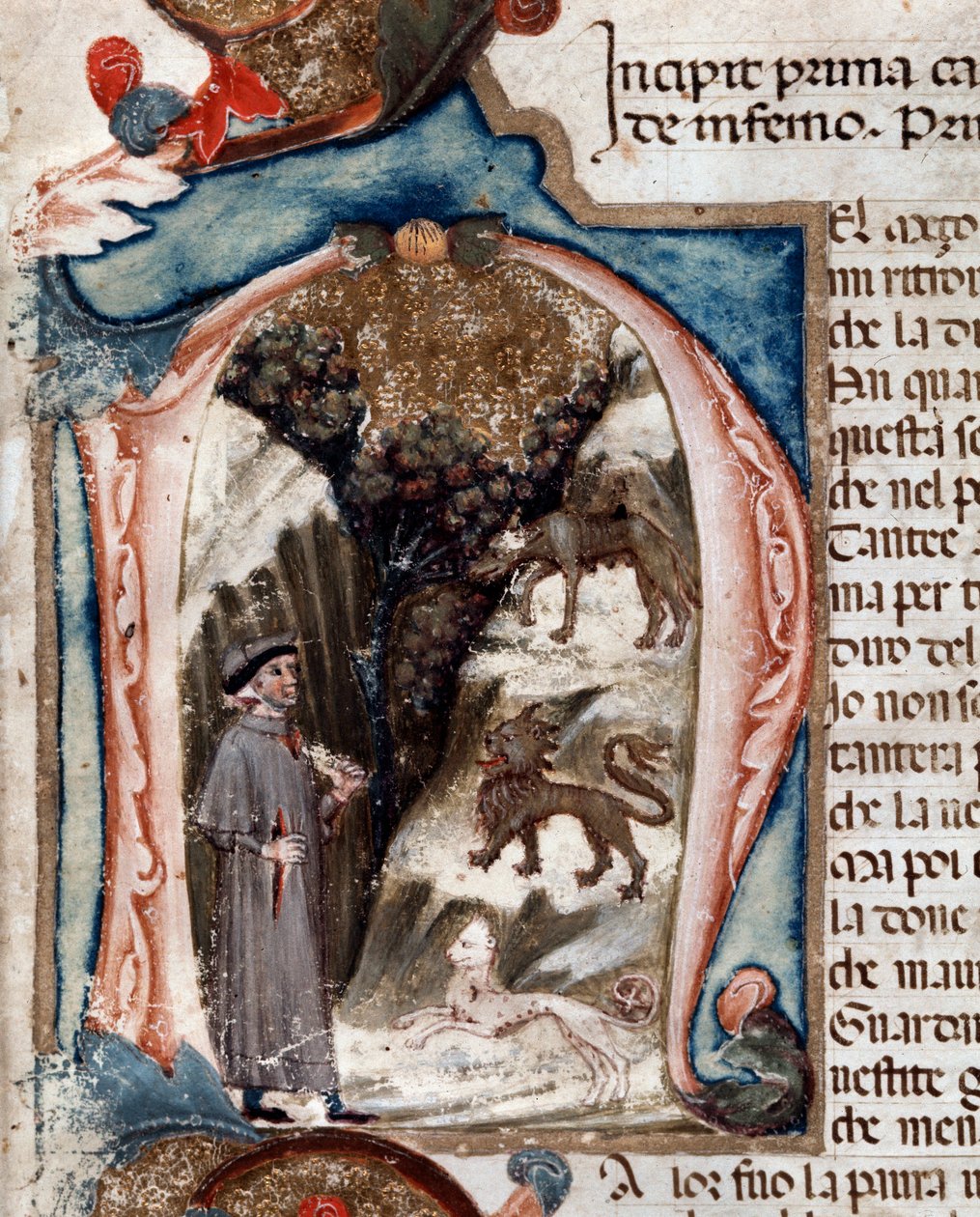 Portrait of italian poet Dante Alighieri with beasts - miniature بواسطة فنان غير معروف