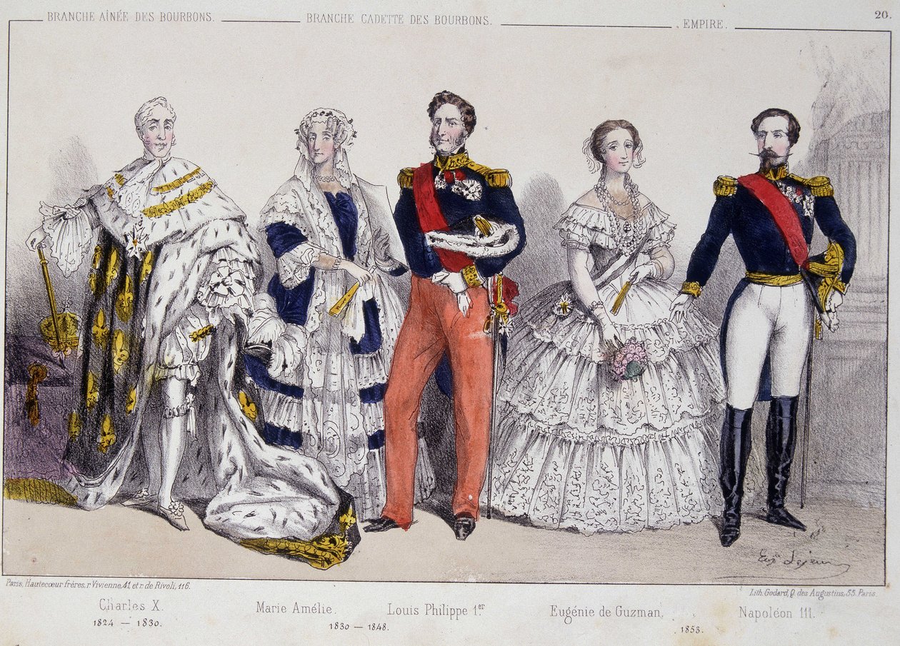 صورة البوربون. من اليسار إلى اليمين: تشارلز العاشر (1757-1836) ، ماري أميلي (1782-1866) ، لويس فيليب الأول (1773-1850) ، أوجيني دي جوزمان (1826-1920) ونابليون الثالث (1808-1873). بواسطة فنان غير معروف