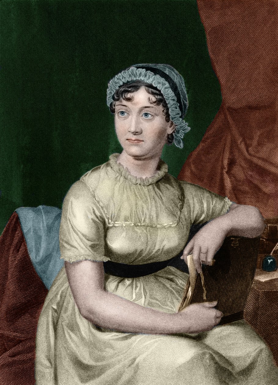 صورة للكاتب الإنجليزي جين أوستن (1775-1817) نقش من كتاب "معرض صور لرجال ونساء بارزين في أوروبا وأمريكا" لكاتب السيرة الذاتية إيفرت أوغسطس دويكينك (1816-1878). 1893 ، المجلد. 1 بواسطة فنان غير معروف