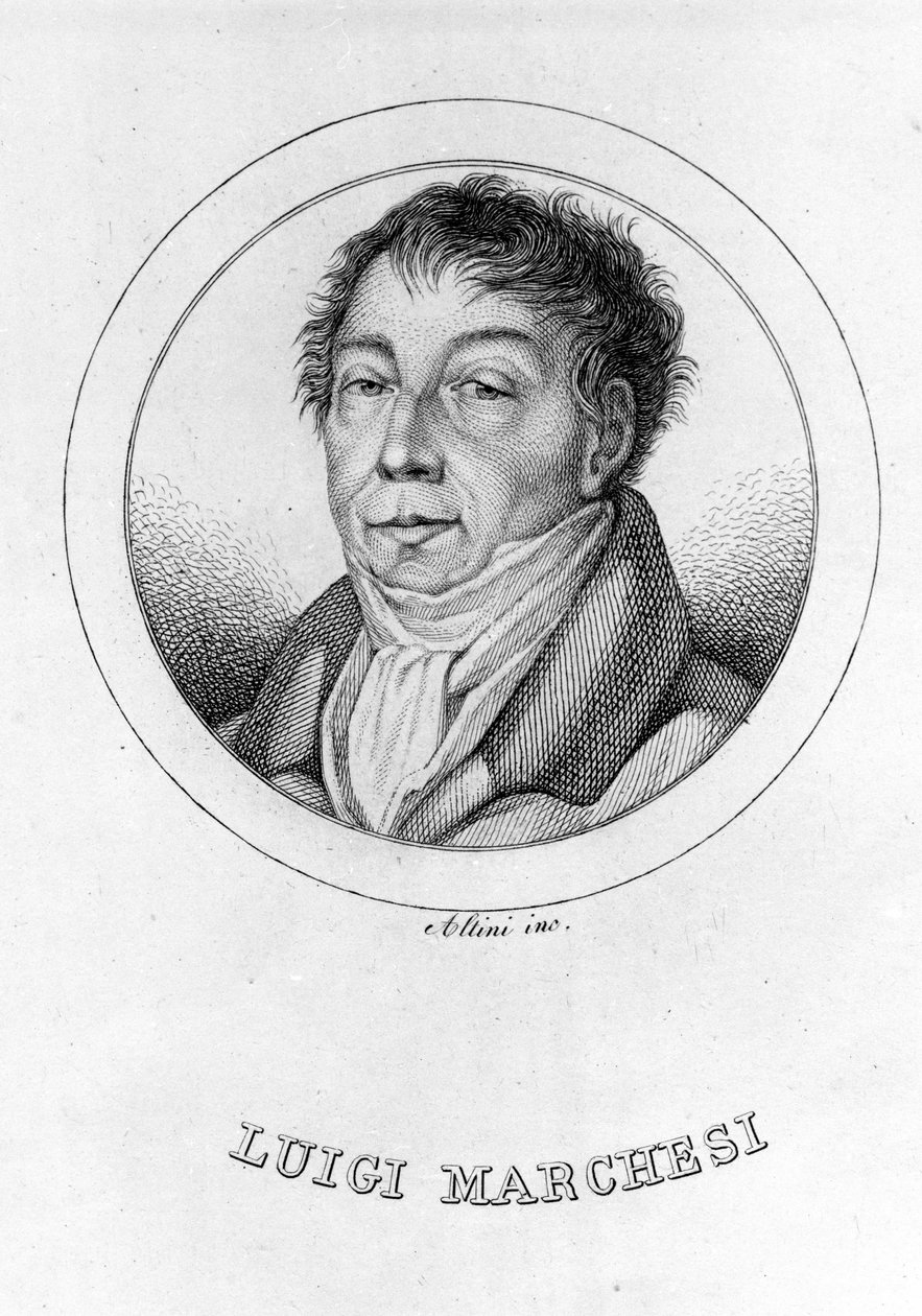 صورة للمخصي الإيطالي لويجي مارشيسي (1754 - 1829) المعروف أيضًا باسم مارشيسيني. نقش القرن التاسع عشر. بواسطة فنان غير معروف