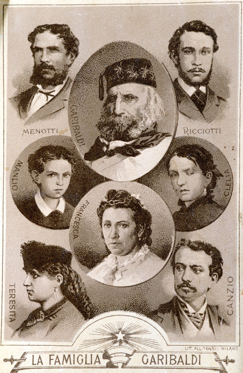 Portrait of the patriot and heros of the Risorgimento Giuseppe Garibaldi (1807-1882) and members of his family: Menotti, Ricciotti and Teresita, son of Anita; Stefano Canzio, wife of Teresita; Francesca Armosino, third wife of and their children figli Clel بواسطة فنان غير معروف