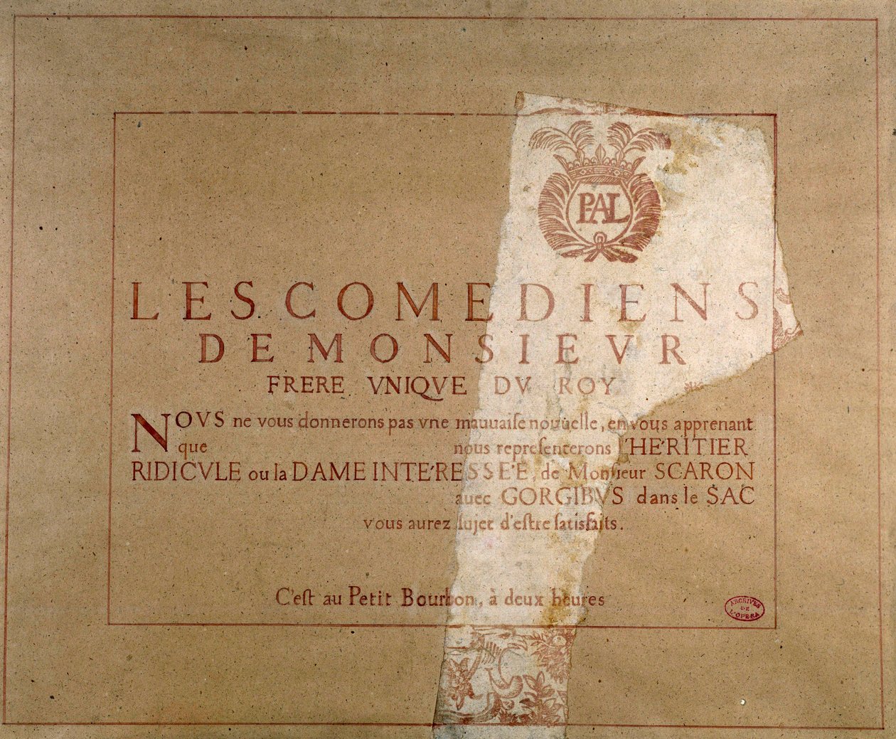Poster of the theatrical company “Les comediens de Monsieur” announcing the performance of Paul Scarron